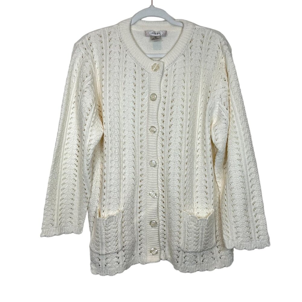 Jenny Cardigan Sweater Cable Knit Pointelle Button Front Cottagecore Cream 1X‎